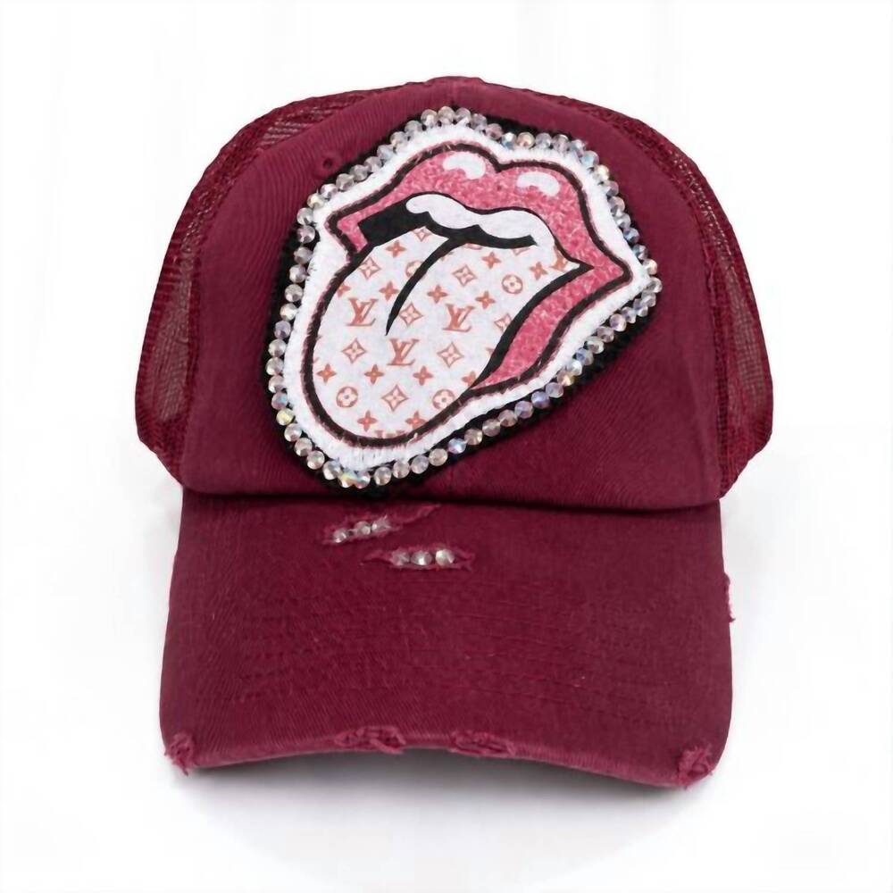 NEW SWEET TEXAS TREASURES distressed rhinestone lips trucker cap in burgundy